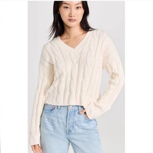 Madewell Cream V-Neck Cable Knit Cropped Sweater Wome's Size LARGE.